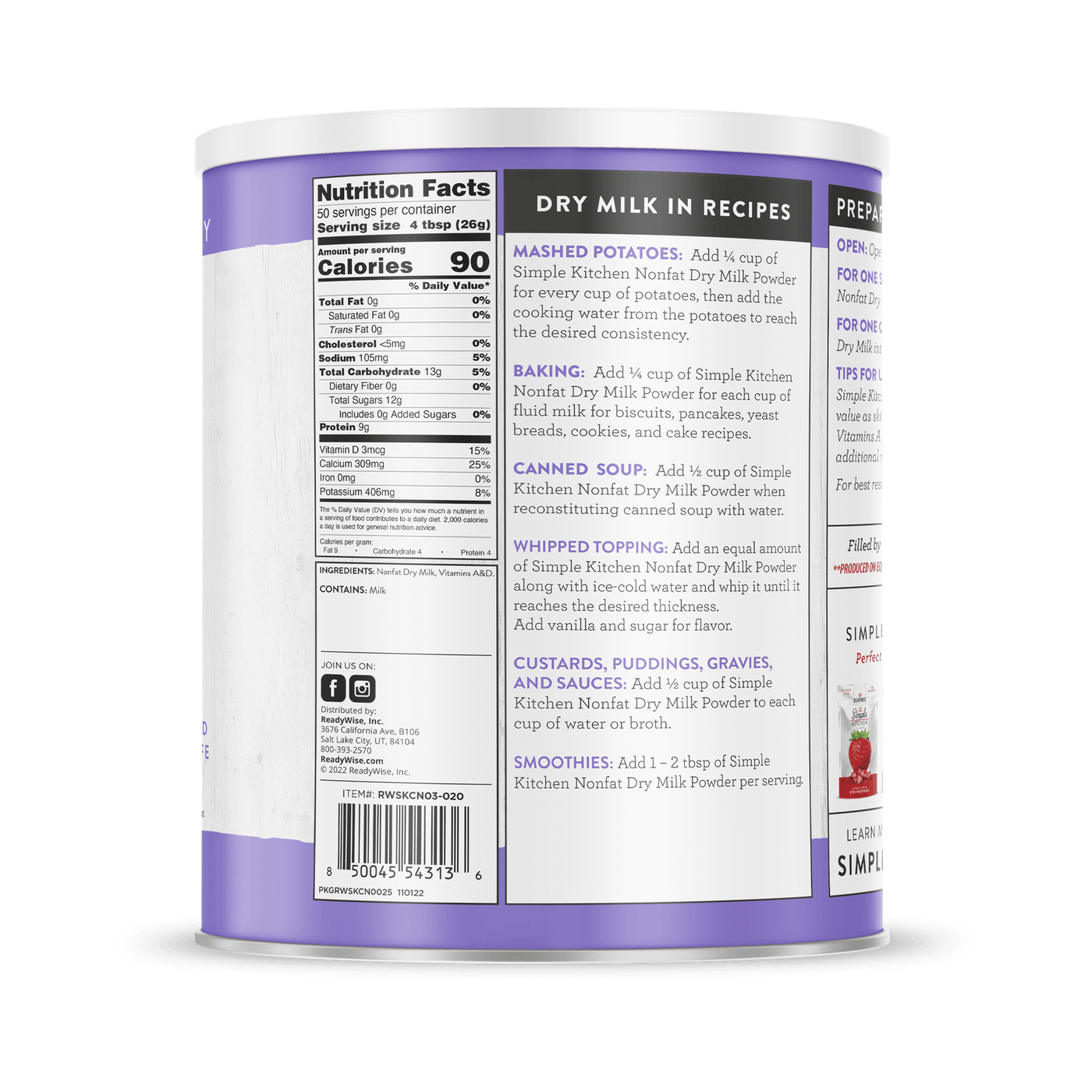 Instant Nonfat Dry Milk - Freeze-Dried #10 Can - 50 Servings