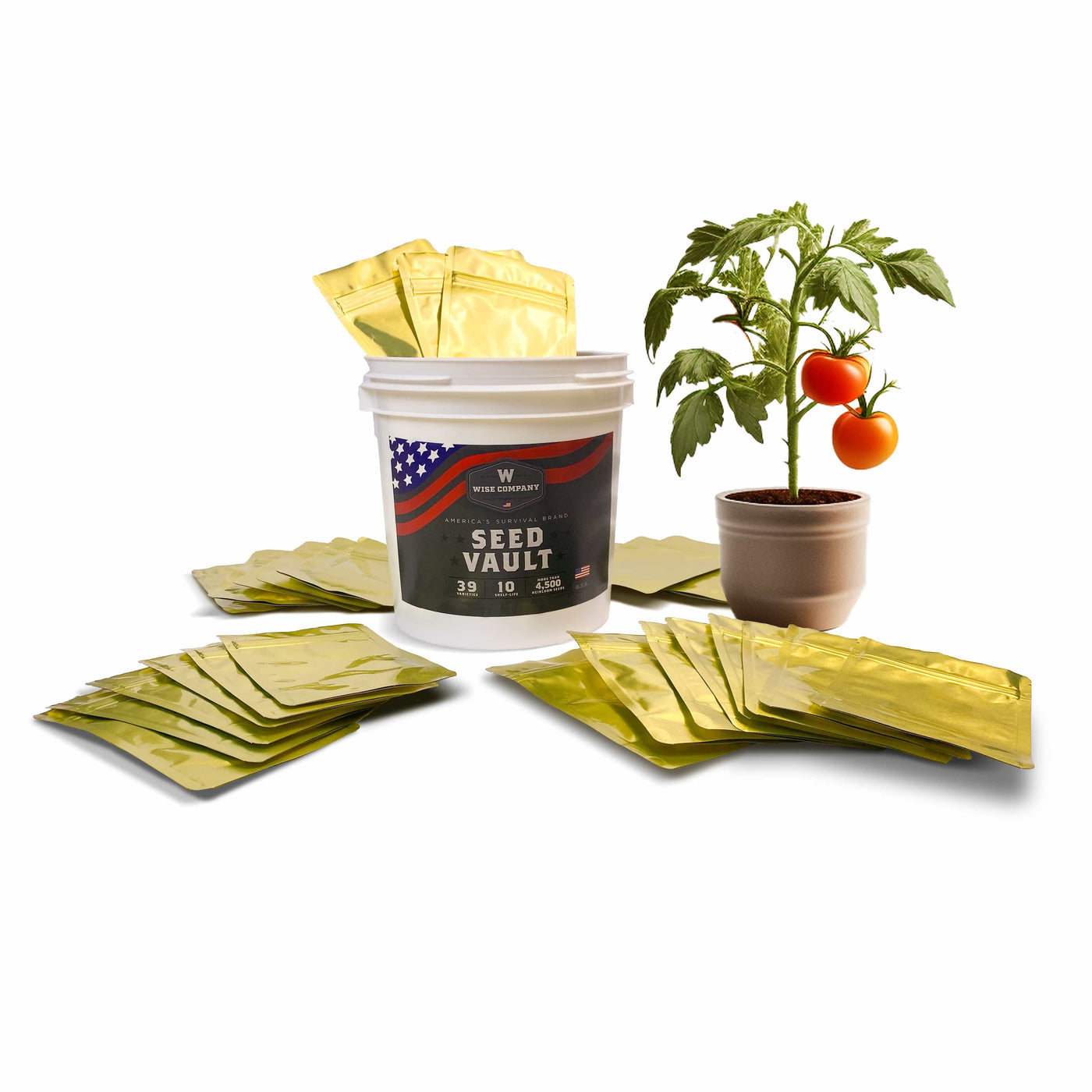 ReadyWise Heirloom Seed Vault bucket with sealed mylar seed packets