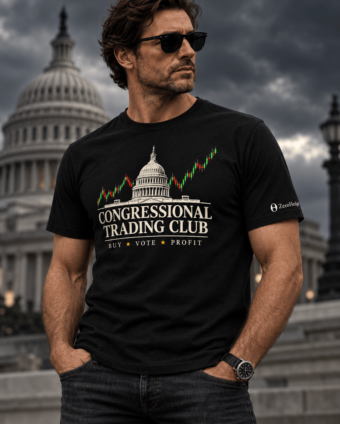 Rugged male model wearing the Black Congressional Trading Club tee with the original ZeroHedge symbol and wordmark low on the sleeve