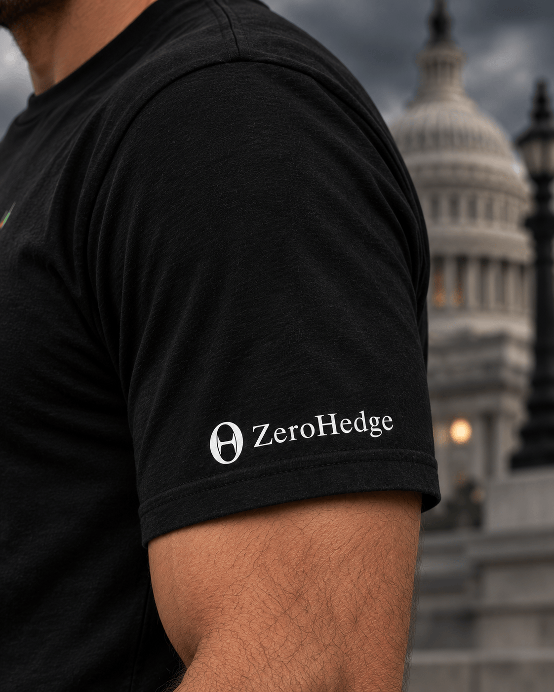 Close-up of the original ZeroHedge symbol and wordmark above the left sleeve hem