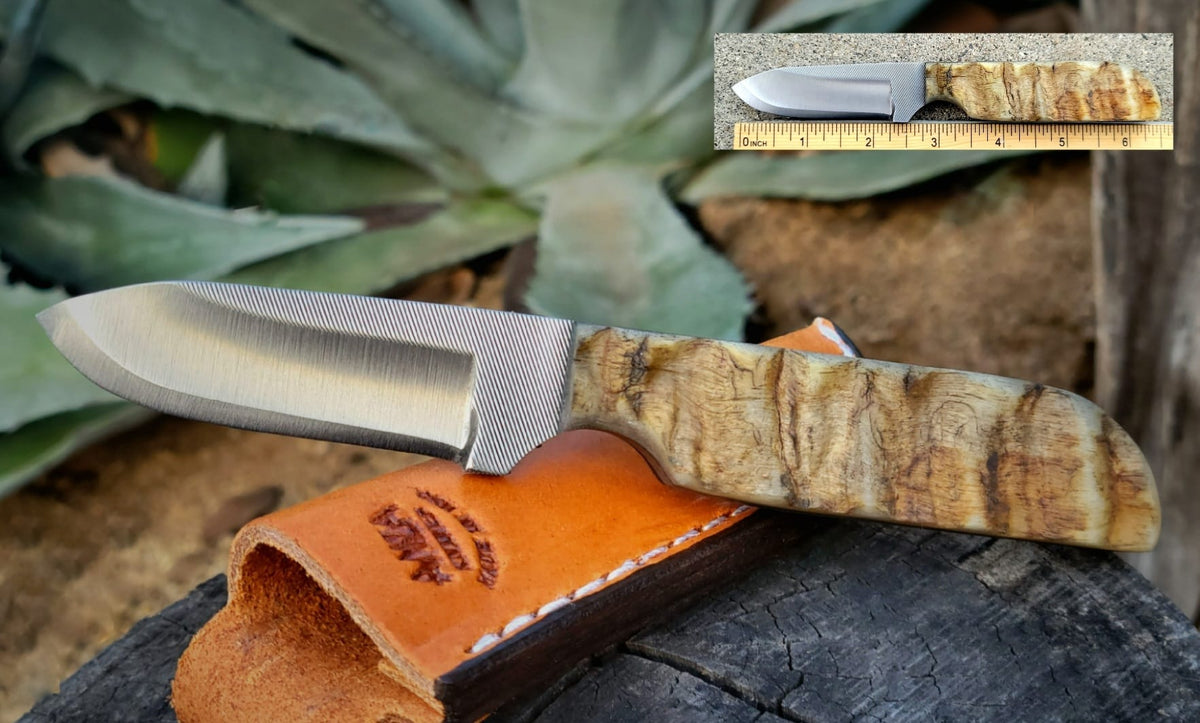 Anza sheep horn work knife with vertical leather sheath