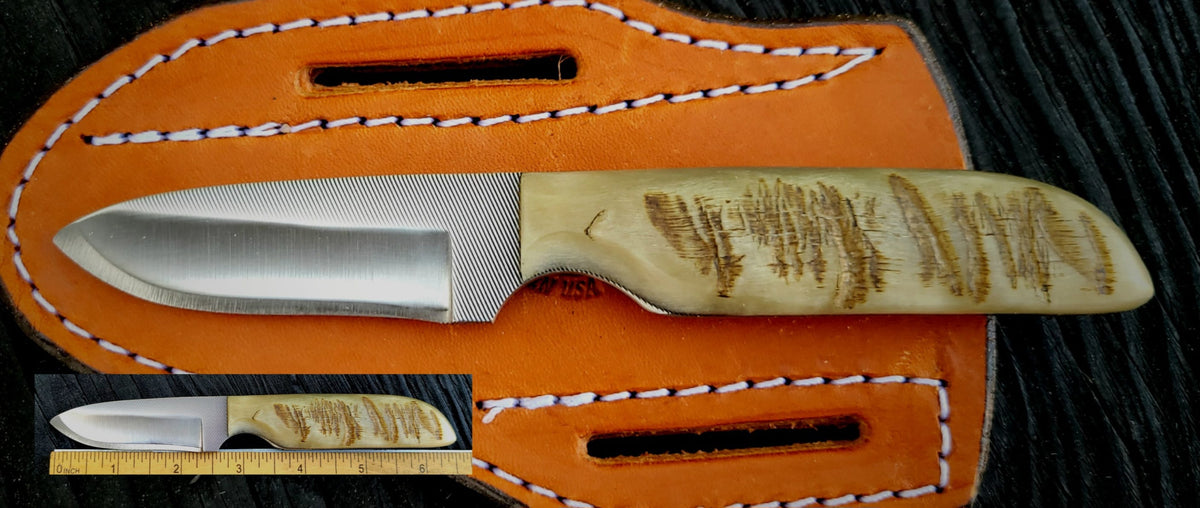 Anza sheep horn work knife with pancake leather sheath