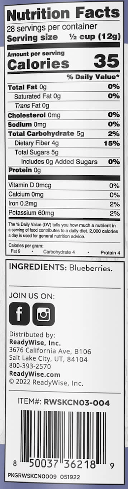 Whole Blueberries – Freeze-Dried #10 Can – 28 Servings nutrition facts