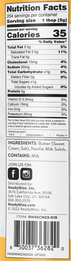 Butter Powder – Dehydrated #10 Can – 204 Servings nutrition facts