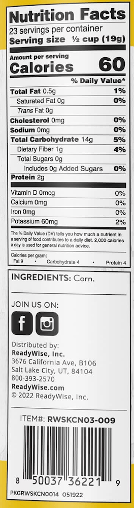 Corn – Freeze-Dried #10 Can – 23 Servings nutrition facts