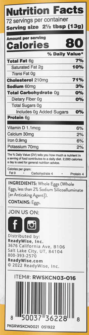 Powdered Whole Eggs – Freeze-Dried #10 Can – 72 Servings nutrition facts