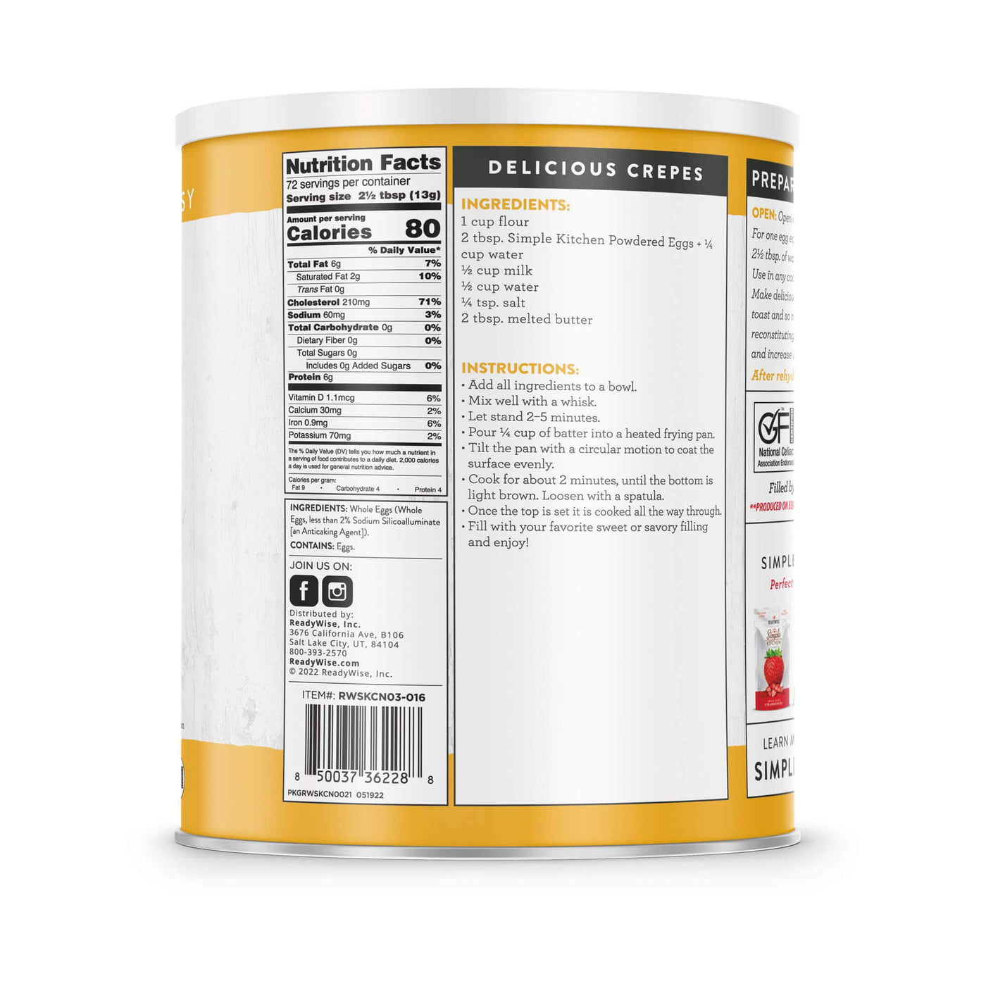 Powdered Whole Eggs – Freeze-Dried #10 Can – 72 Servings