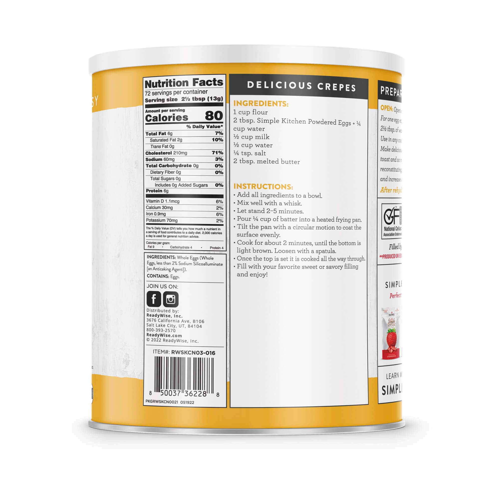 Powdered Whole Eggs – Freeze-Dried #10 Can – 72 Servings