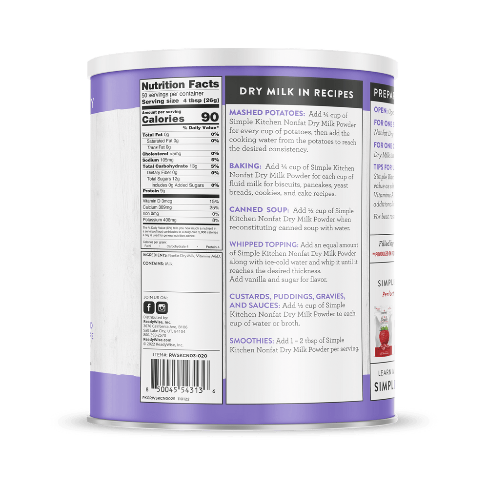 Instant Nonfat Dry Milk - Freeze-Dried #10 Can - 50 Servings nutrition facts
