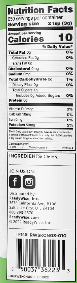 Chopped Onions – Dehydrated #10 Can – 250 Servings nutrition facts