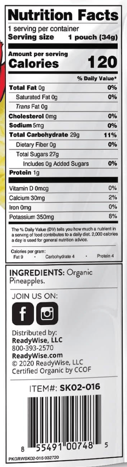 Organic Freeze-Dried Pineapples – 6 Pack nutrition facts
