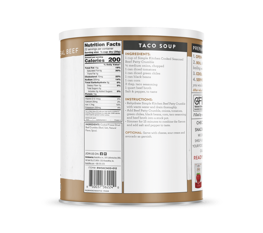 Seasoned Beef Patty Crumbles – Freeze-Dried #10 Can – 22 Servings nutrition facts