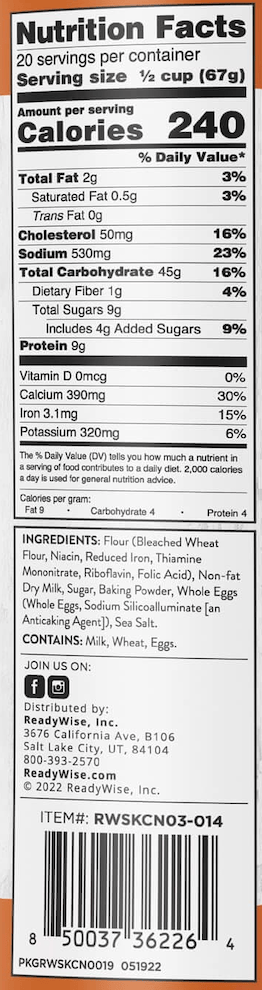 Pancake Mix – Dehydrated #10 Can – 20 Servings nutrition facts