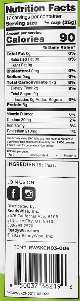 Peas – Freeze-Dried #10 Can – 17 Servings nutrition facts