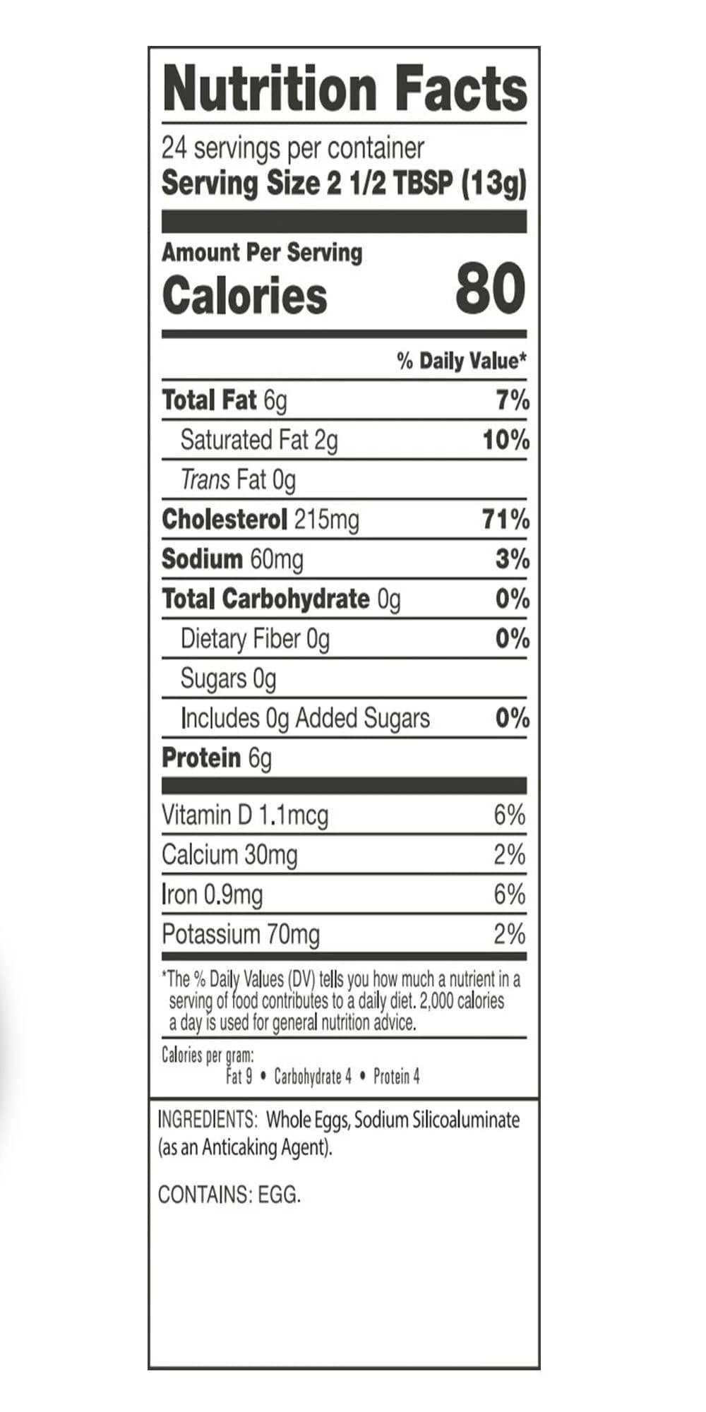 144 Servings Freeze Dried Powdered Eggs nutrition facts
