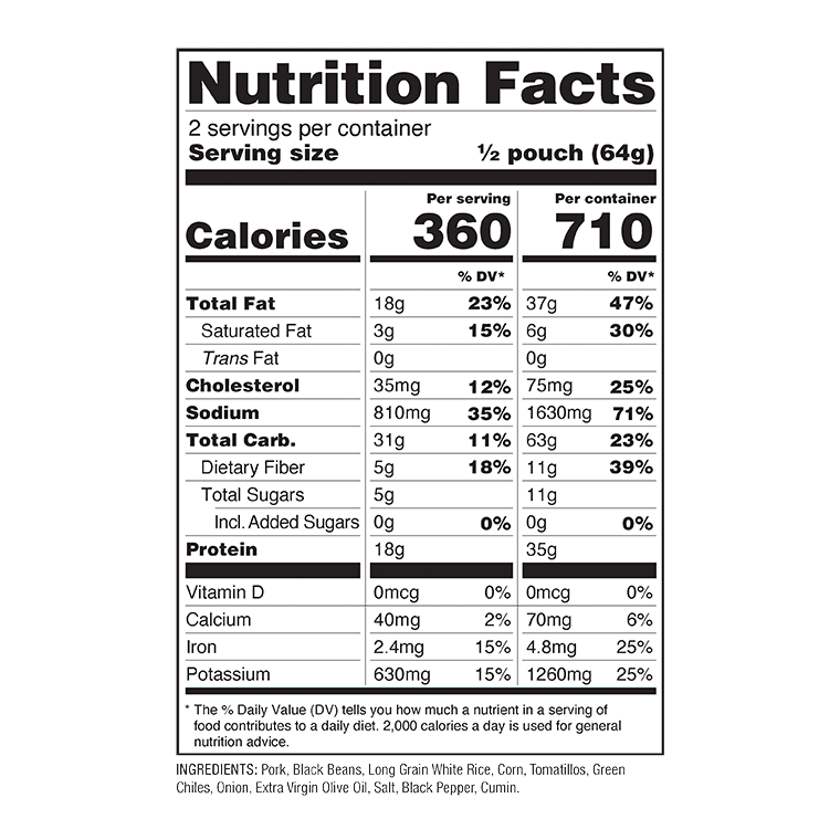 Traditional Pork Chili Verde – Pro Adventure Meal – 6 Pack nutrition facts