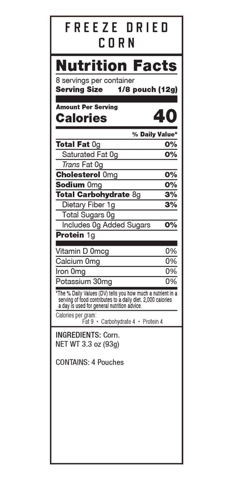 120 Serving Freeze-Dried Vegetable Bucket nutrition facts