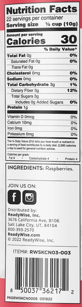 Raspberries – Freeze-Dried #10 Can – 22 Servings nutrition facts