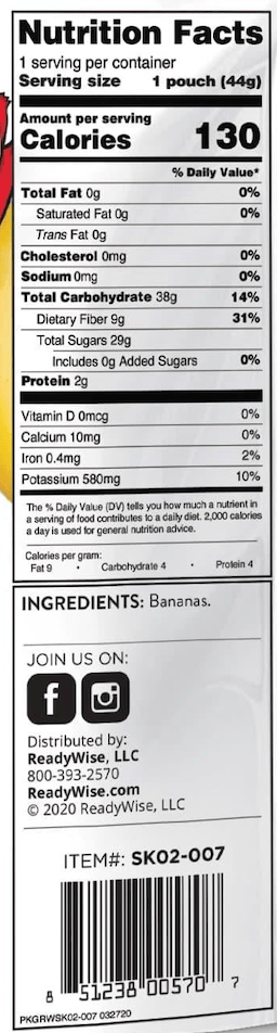 Freeze-Dried Bananas – 6 Pack nutrition facts