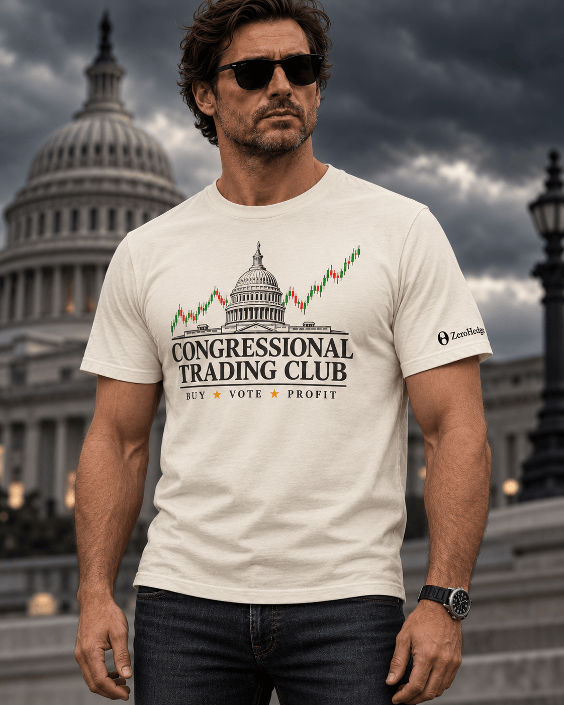 Rugged male model wearing the Natural Congressional Trading Club tee with the original ZeroHedge sleeve branding
