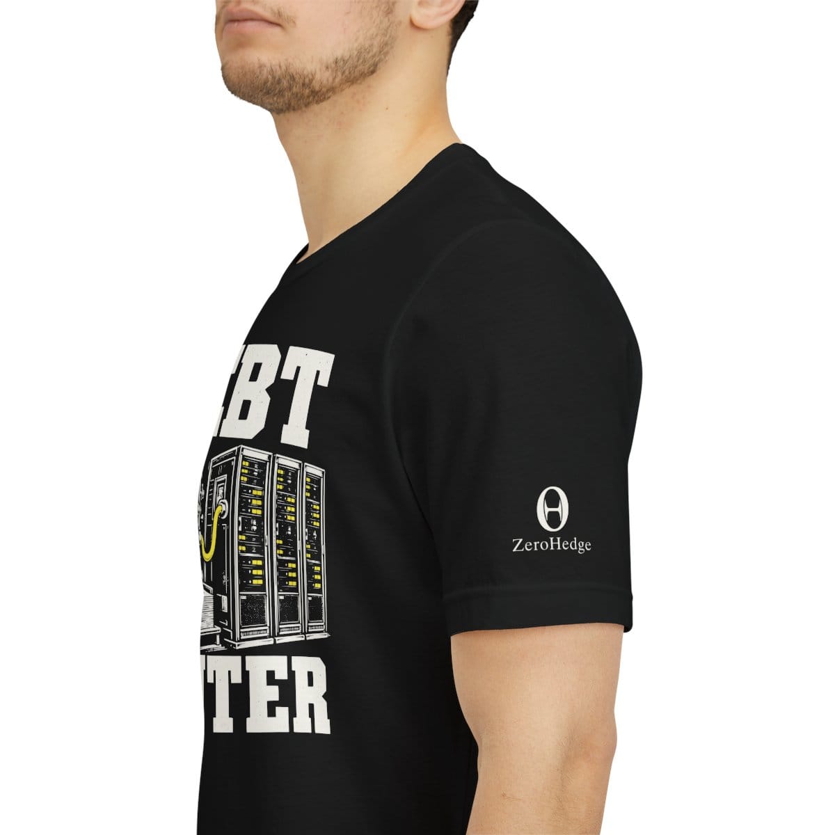 Debt Center black tee with the original ZeroHedge logo low on the left sleeve