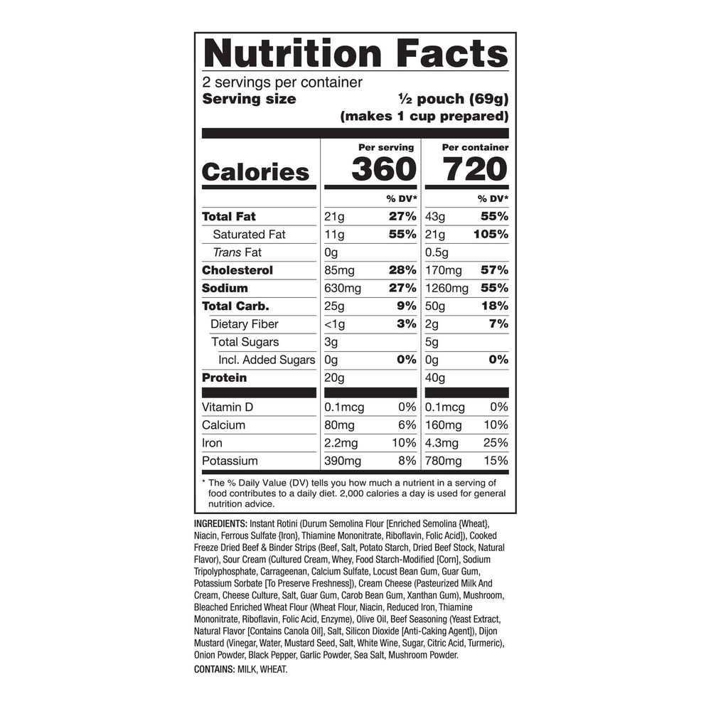 Beef Stroganoff with Cream Sauce – Pro Adventure Meal – 6 Pack nutrition facts
