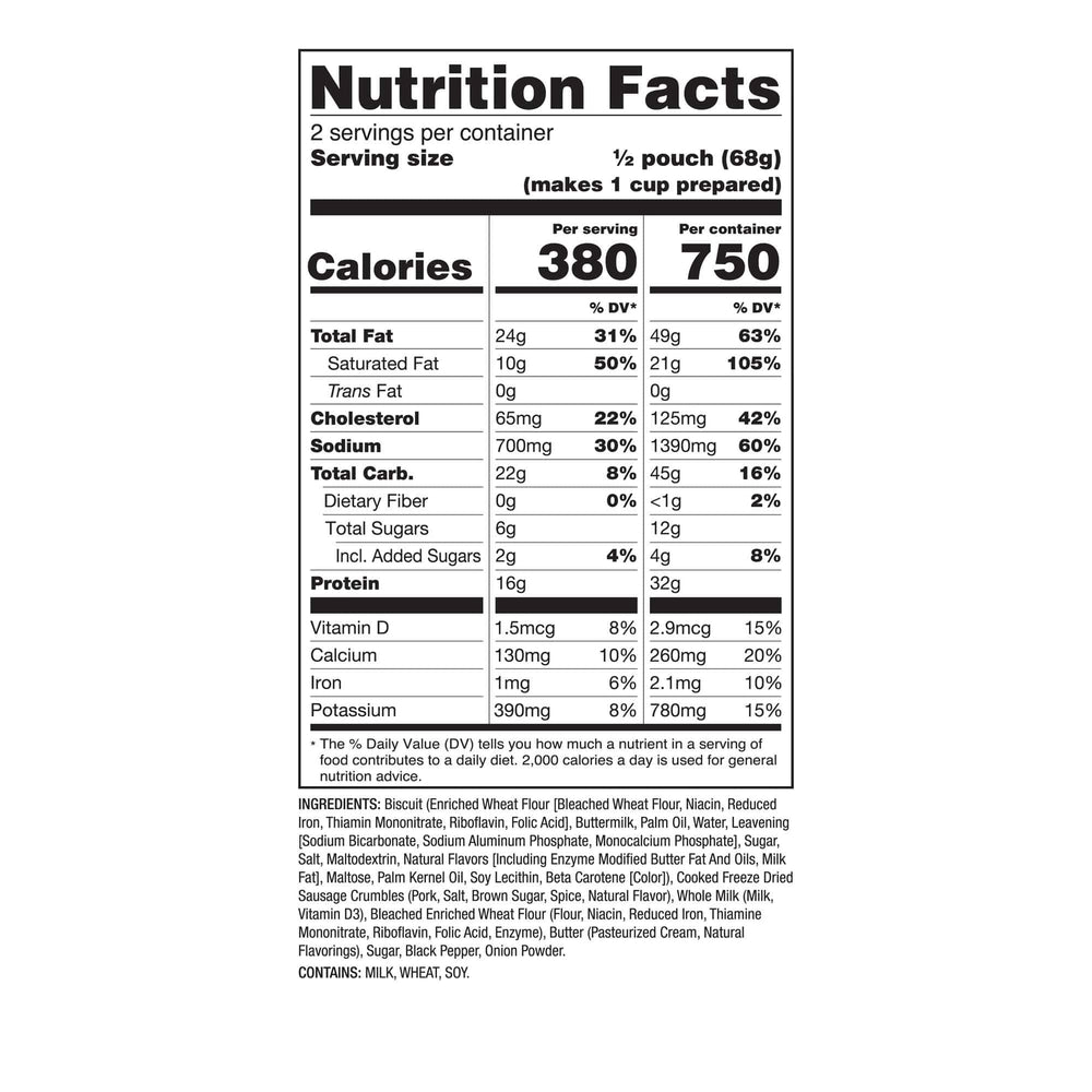 Homestyle Biscuits & Gravy – Pro Adventure Meal – 6 Pack nutrition facts