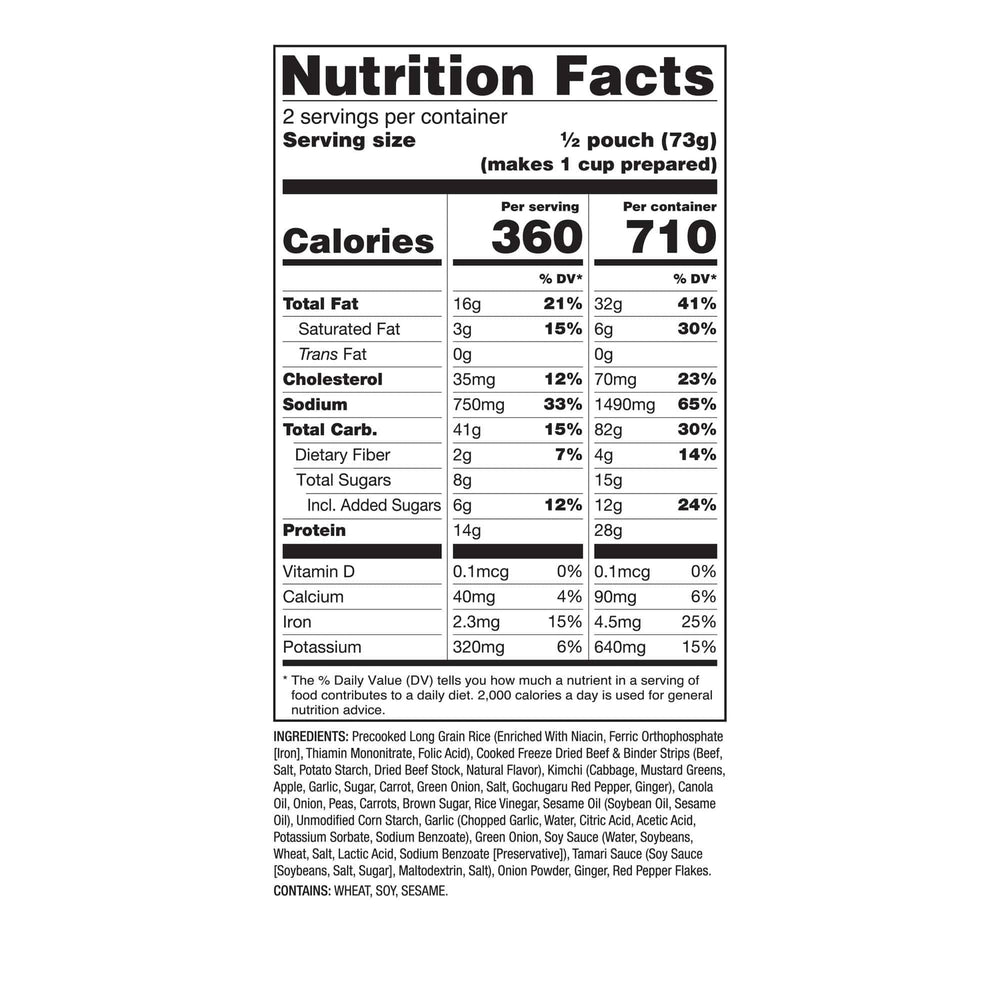 Beef Bulgogi & Kimchi Fried Rice – Pro Adventure Meal – 6 Pack nutrition facts