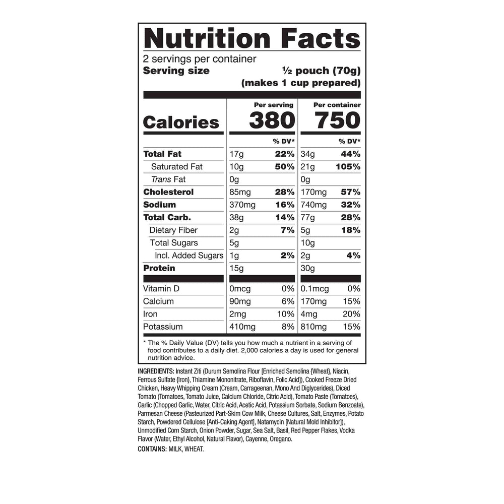 Pasta Alla Vodka with Chicken – Pro Adventure Meal – 6 Pack nutrition facts