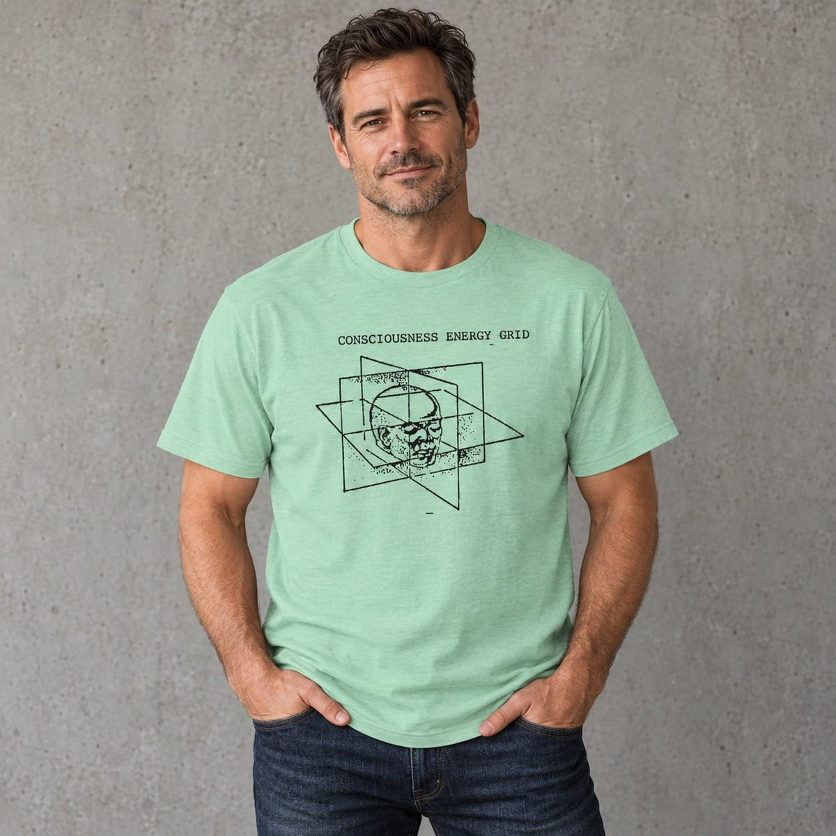 Male model wearing the Heather Mint Consciousness Energy Grid tee; AI-generated fit mockup