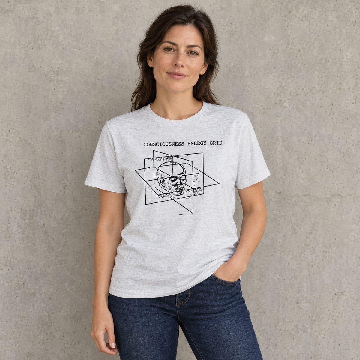 Female model wearing the Ash Consciousness Energy Grid tee; AI-generated fit mockup