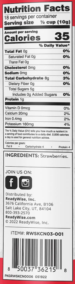 Sliced Strawberries – Freeze-Dried #10 Can – 18 Servings nutrition facts