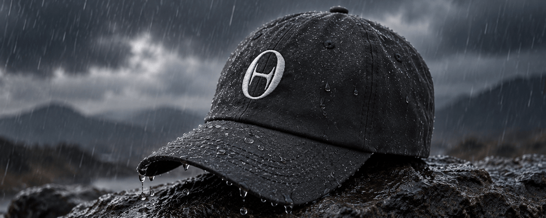 The ZeroHedge waxed canvas hat, with rain beading on the brim